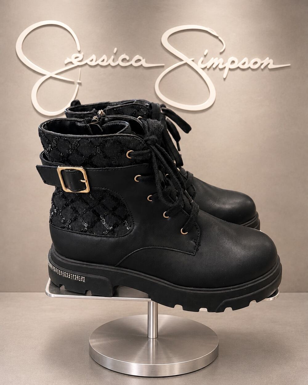 Jessica Simpson Rosa Black Sequin Buckle Combat Boots Big Girls 5